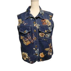 Vintage 90s Y2K Stampede Butterfly Floral Denim Jean Vest Womens Large